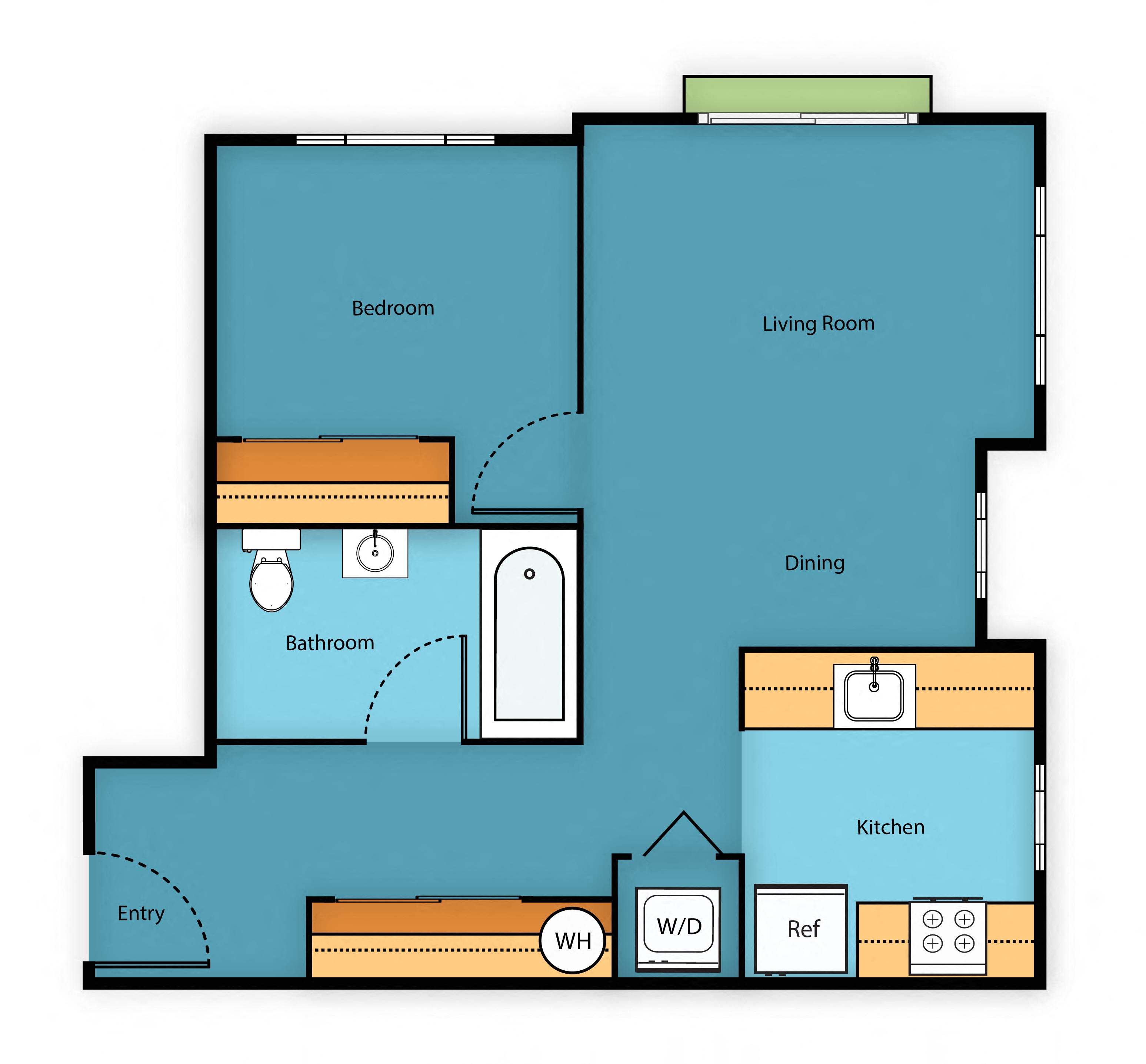 Floor plan for 1 bed, 1 bath, 587 sqft
